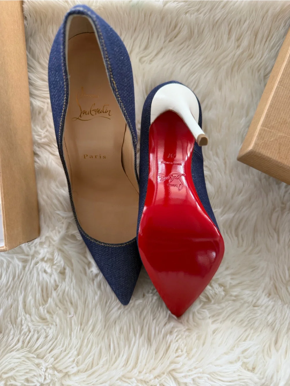 Christian Louboutin Denim Pointed Toe Pumps in Dark Blue with Red Soles